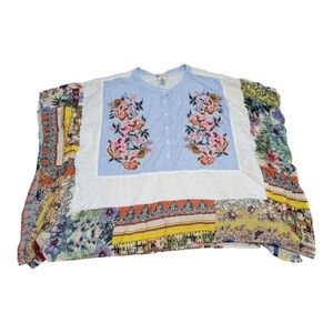 John Mark Floral Embroidered Patchwork Linen Boho Blouse Women's Large